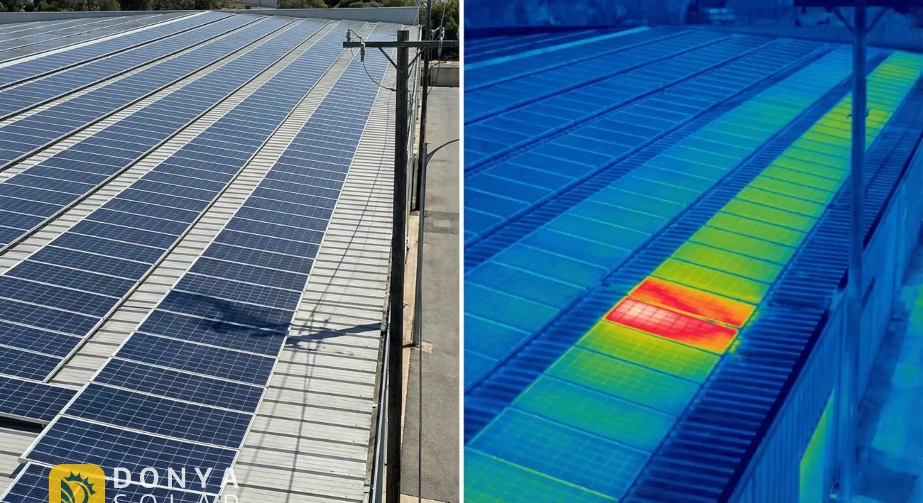 تصویری از یک سایه کوچک که روی پنل خورشیدی افتاده است.